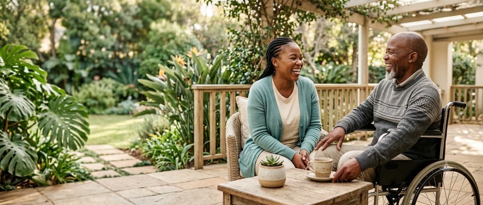 A caregiver and an elderly patient in a wheelchair laughing together on a garden patio