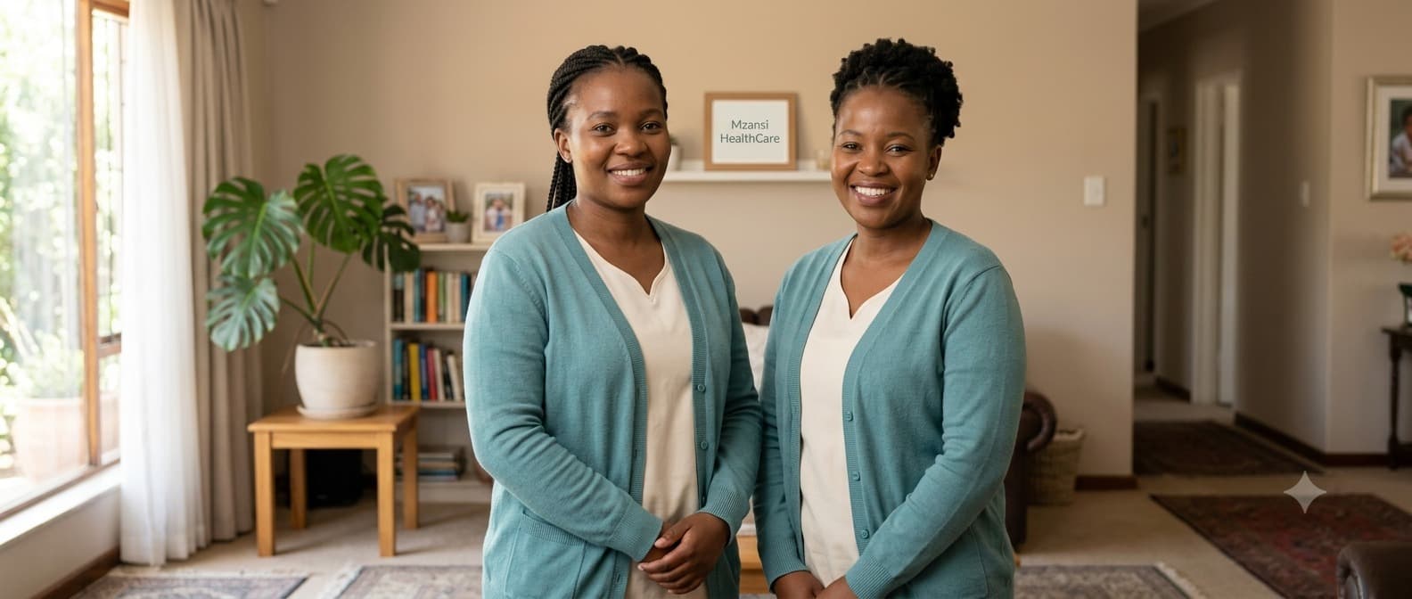 Two smiling Mzansi HealthCare caregivers standing together in a warm living room